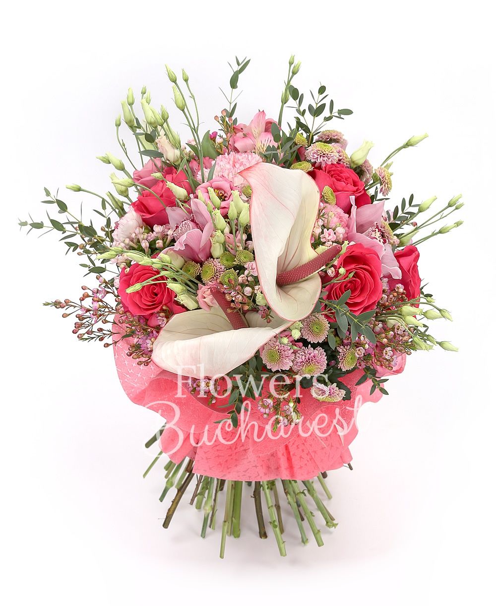 7 cyclam roses, 5 pink carnations, 5 pink santini, 5 pink bouvardia, 5 pink lisianthus, pink cymbidium, 2 white anthurium, 3 pink alstroemeria, greenery