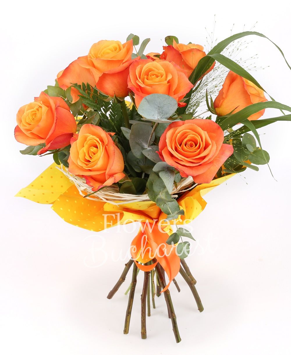 9 orange roses, greenery