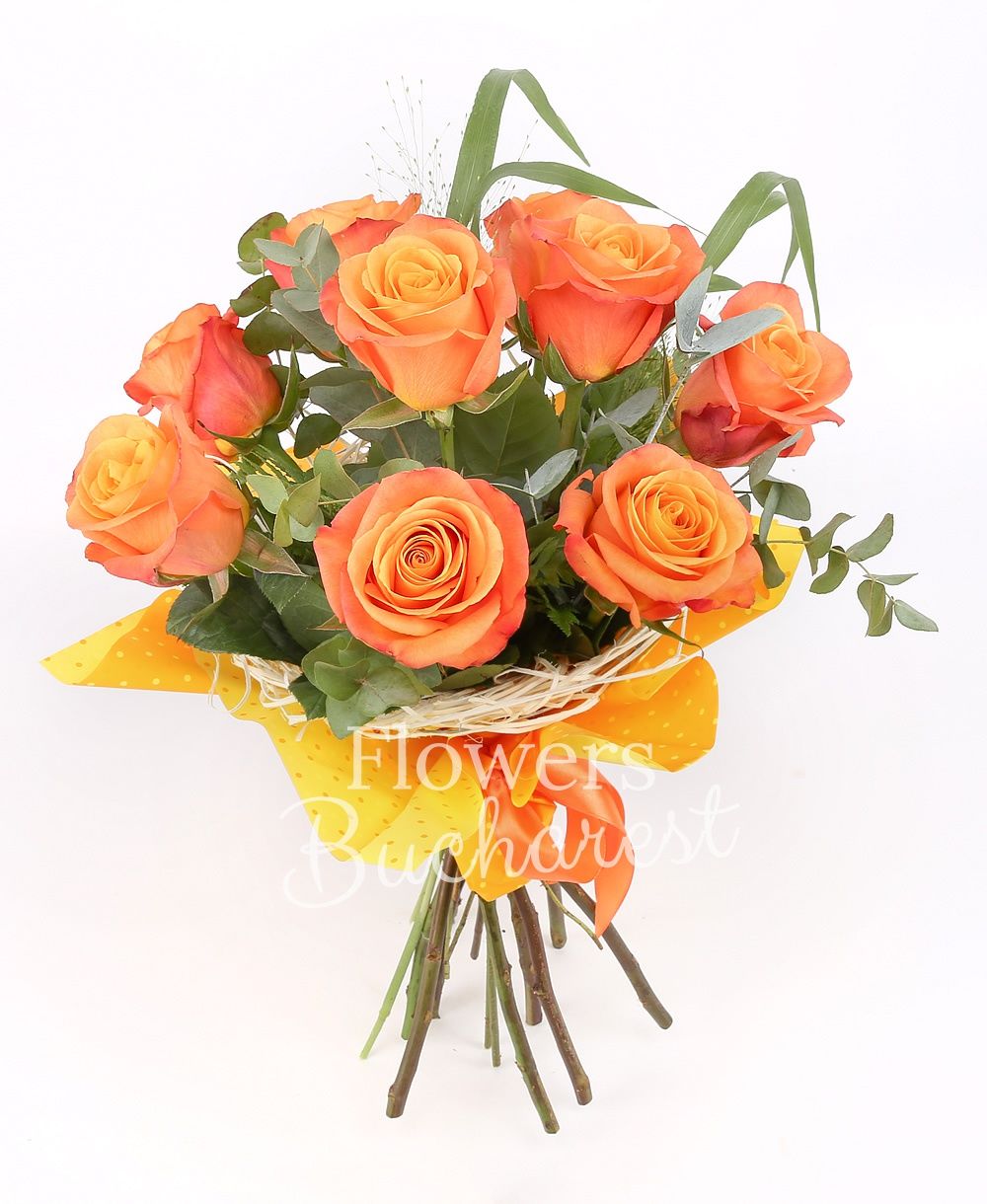 9 orange roses, greenery