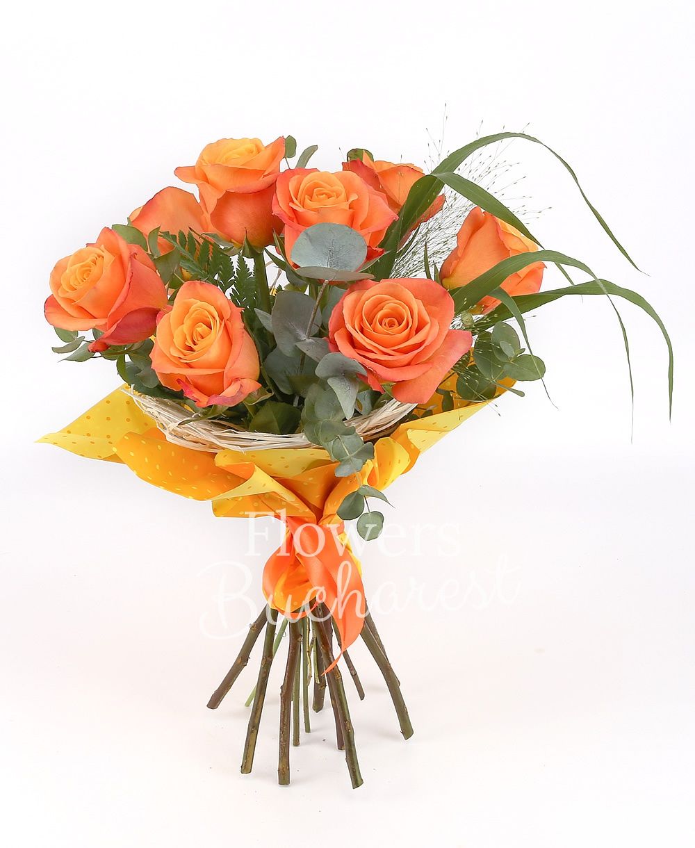 9 orange roses, greenery