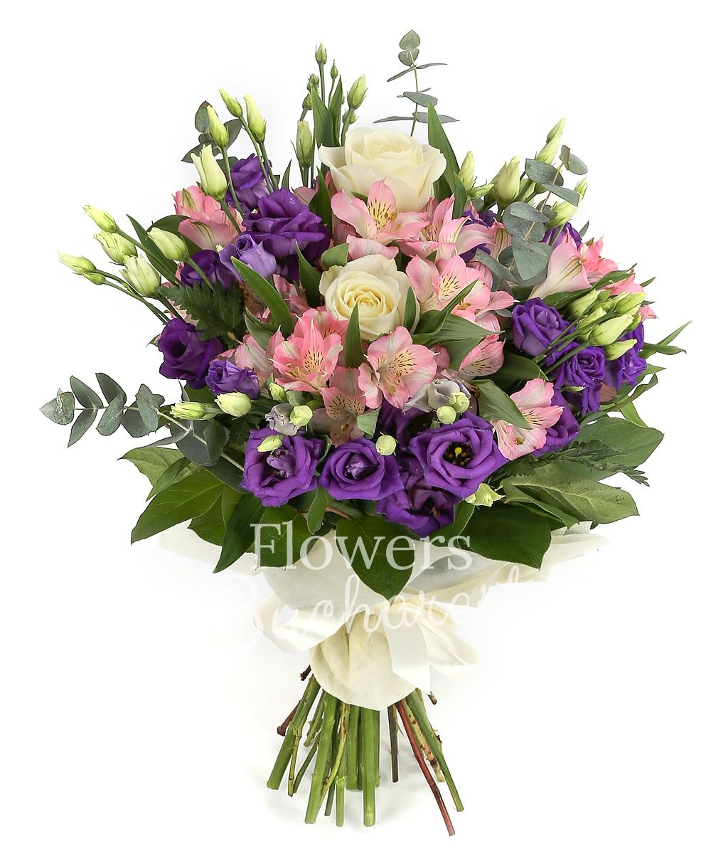 5 white roses, 5 pink alstroemeria, 7 mauve lisianthus, greenery