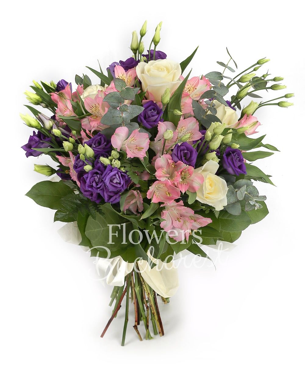 5 white roses, 5 pink alstroemeria, 7 mauve lisianthus, greenery