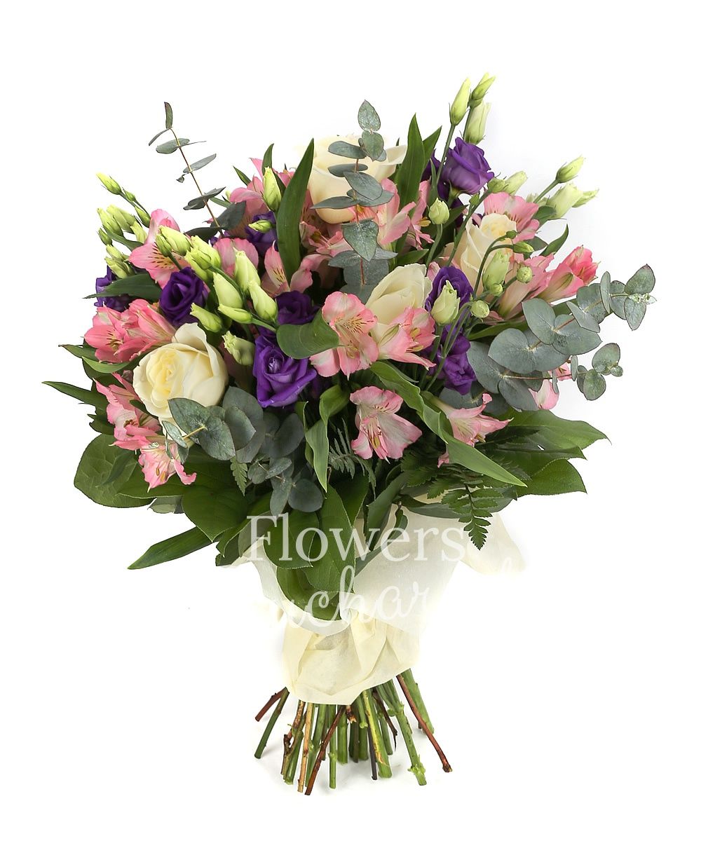 5 white roses, 5 pink alstroemeria, 7 mauve lisianthus, greenery