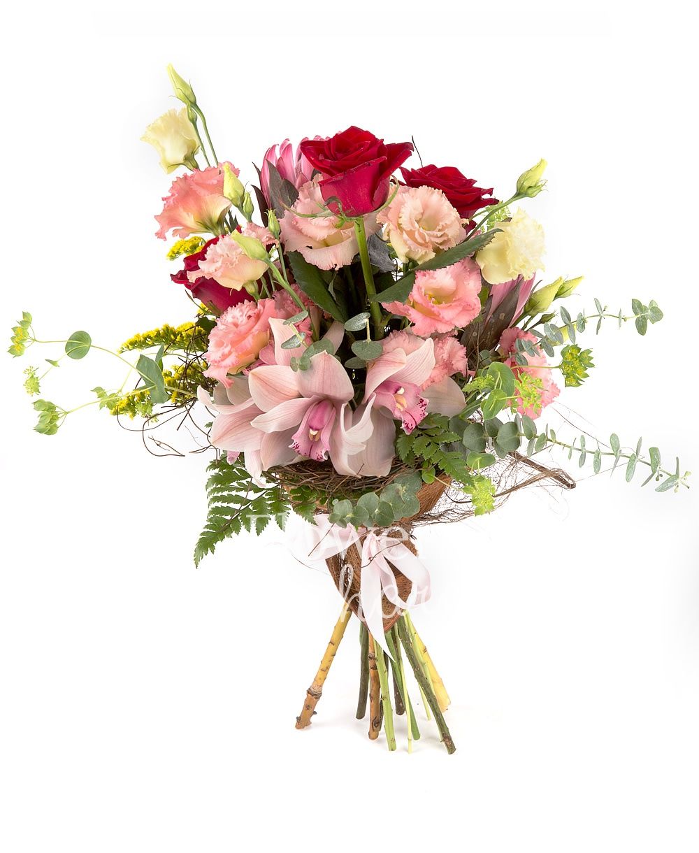 3 red roses, 2 proteea, 3 pink lisianthus, 2 solidago, pink cymbidium, 2 bupleurum, greenery