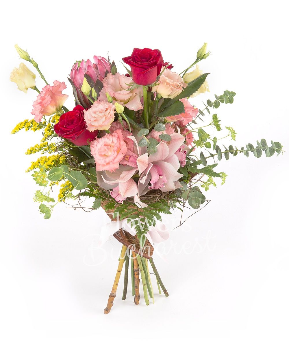 3 red roses, 2 proteea, 3 pink lisianthus, 2 solidago, pink cymbidium, 2 bupleurum, greenery