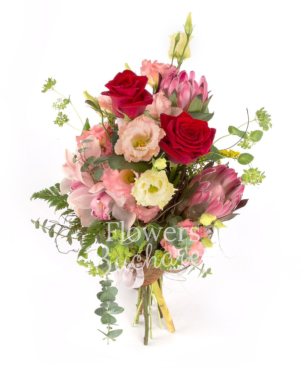 3 red roses, 2 proteea, 3 pink lisianthus, 2 solidago, pink cymbidium, 2 bupleurum, greenery