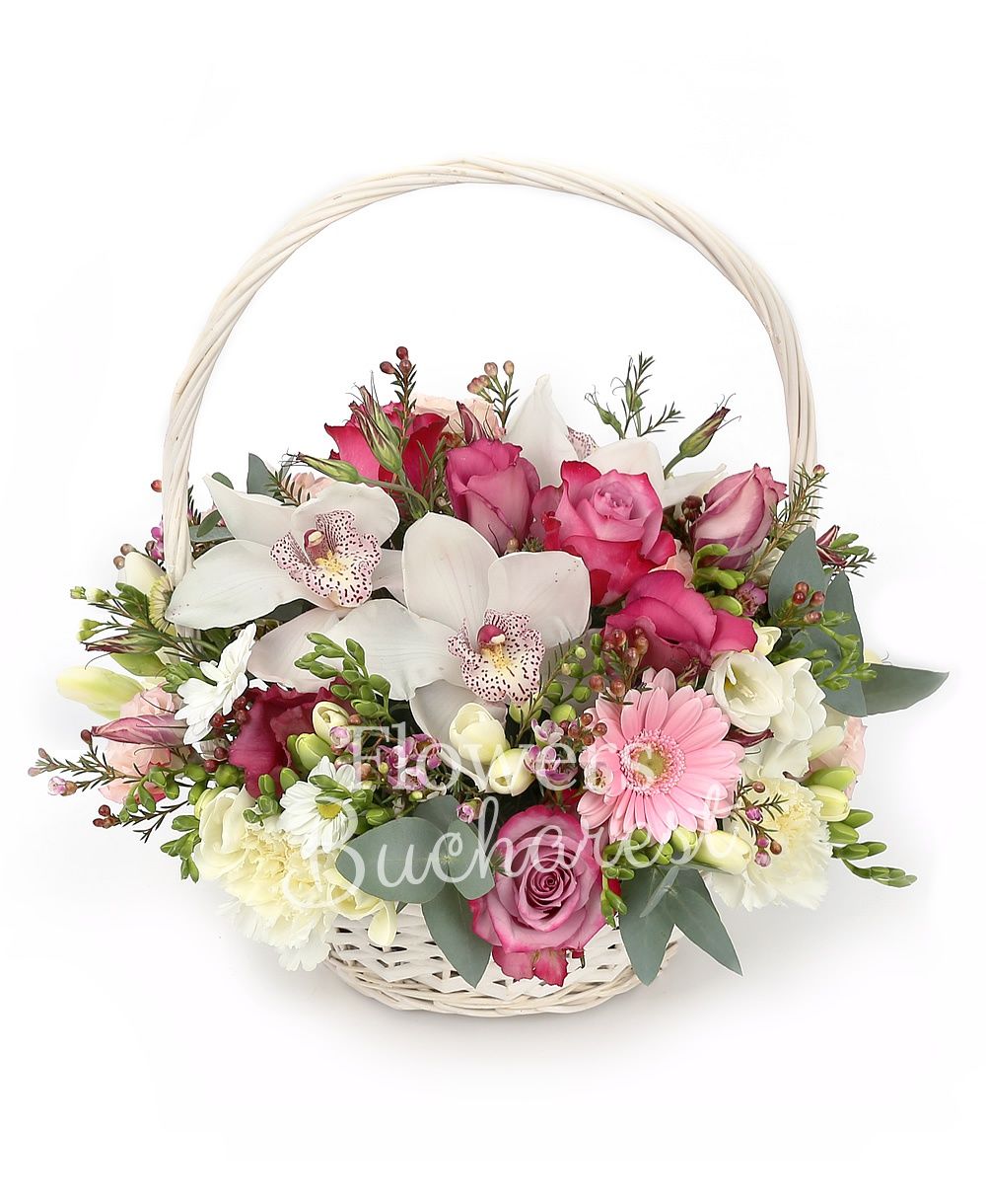 5 mauve roses, 3 pink gerbera, 10 white freesias, 3 pink lisianthus, white chrysanthemum, 3 pink miniroses, 5 white carnations, white cymbidium, greenery