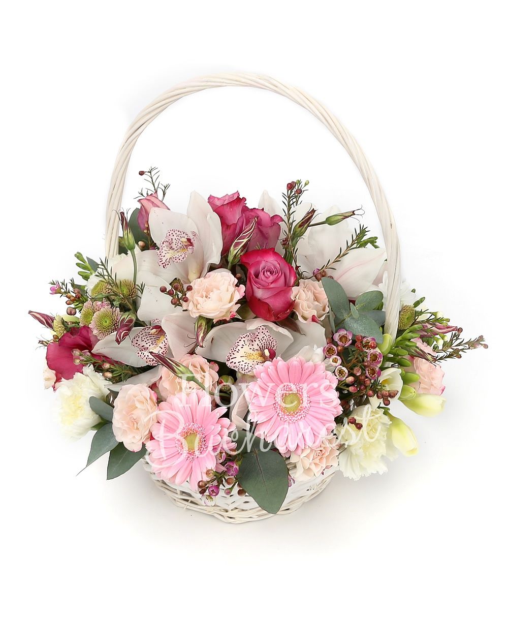 5 mauve roses, 3 pink gerbera, 10 white freesias, 3 pink lisianthus, white chrysanthemum, 3 pink miniroses, 5 white carnations, white cymbidium, greenery