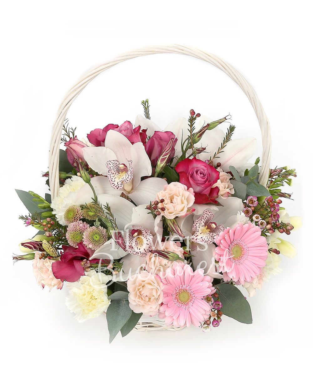 5 mauve roses, 3 pink gerbera, 10 white freesias, 3 pink lisianthus, white chrysanthemum, 3 pink miniroses, 5 white carnations, white cymbidium, greenery