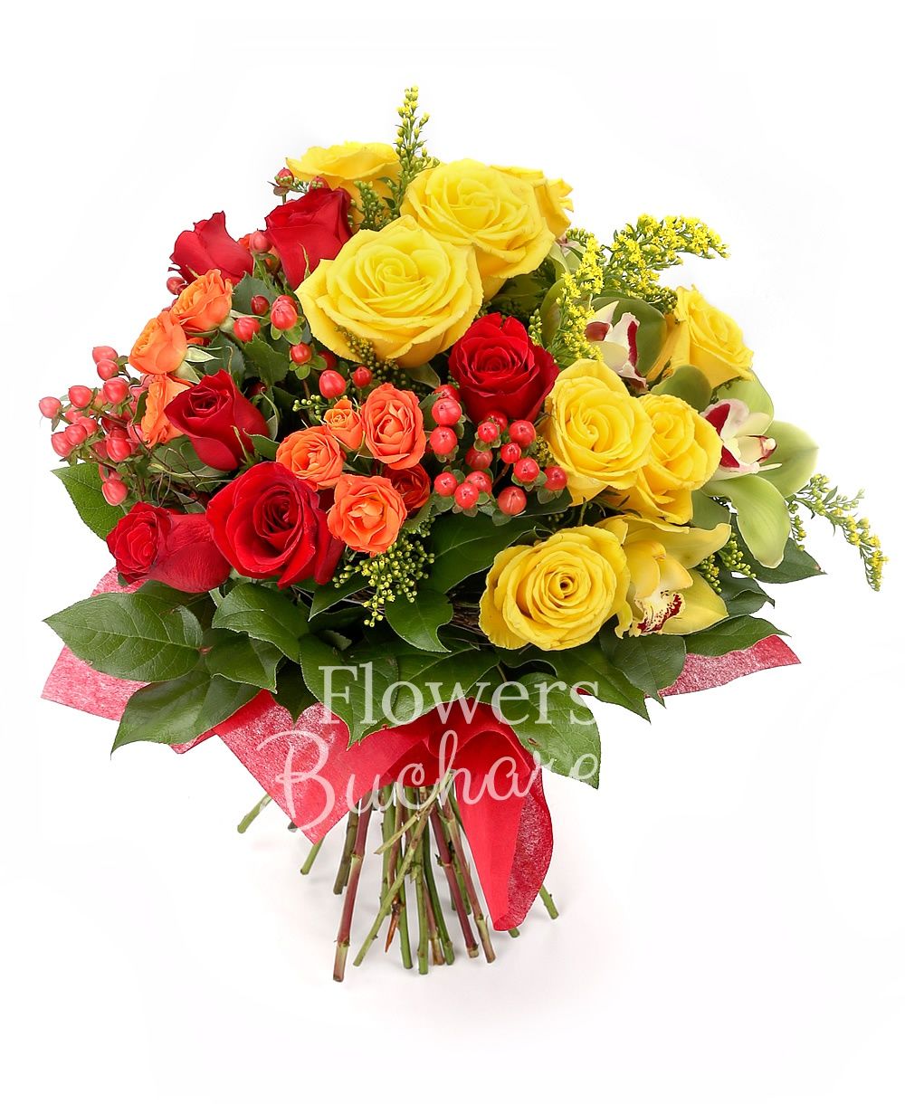7 yellow roses, 7 red roses, 3 orange miniroses, 5 red hypericum, 5 solidago, green cymbidium, greenery