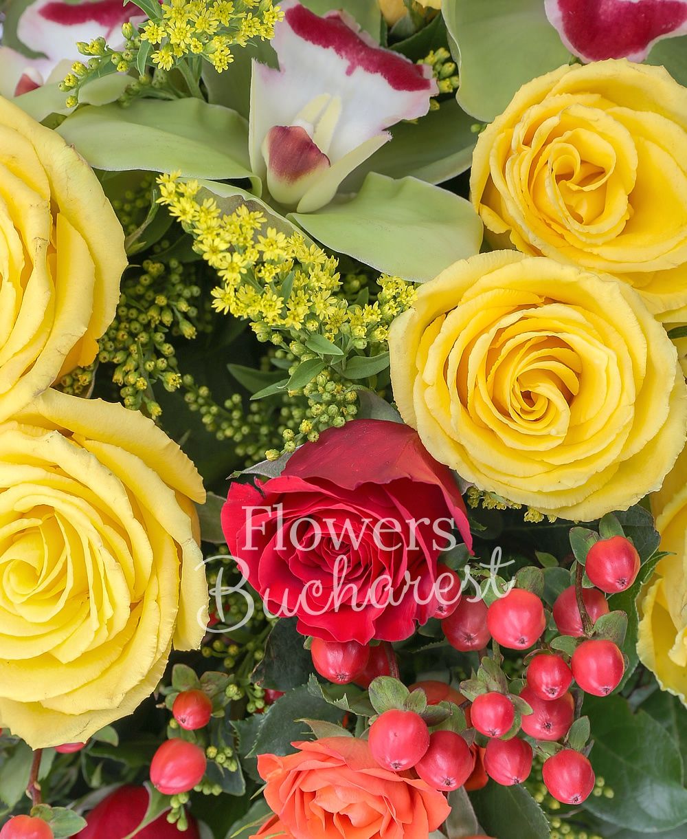 7 yellow roses, 7 red roses, 3 orange miniroses, 5 red hypericum, 5 solidago, green cymbidium, greenery