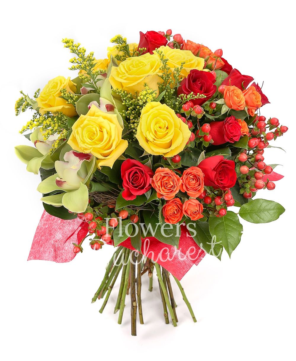 7 yellow roses, 7 red roses, 3 orange miniroses, 5 red hypericum, 5 solidago, green cymbidium, greenery