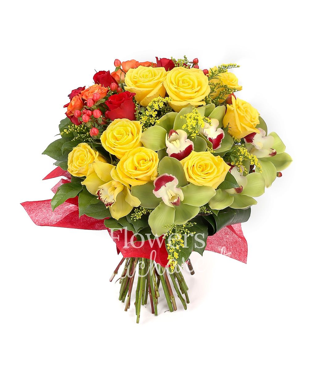 7 yellow roses, 7 red roses, 3 orange miniroses, 5 red hypericum, 5 solidago, green cymbidium, greenery