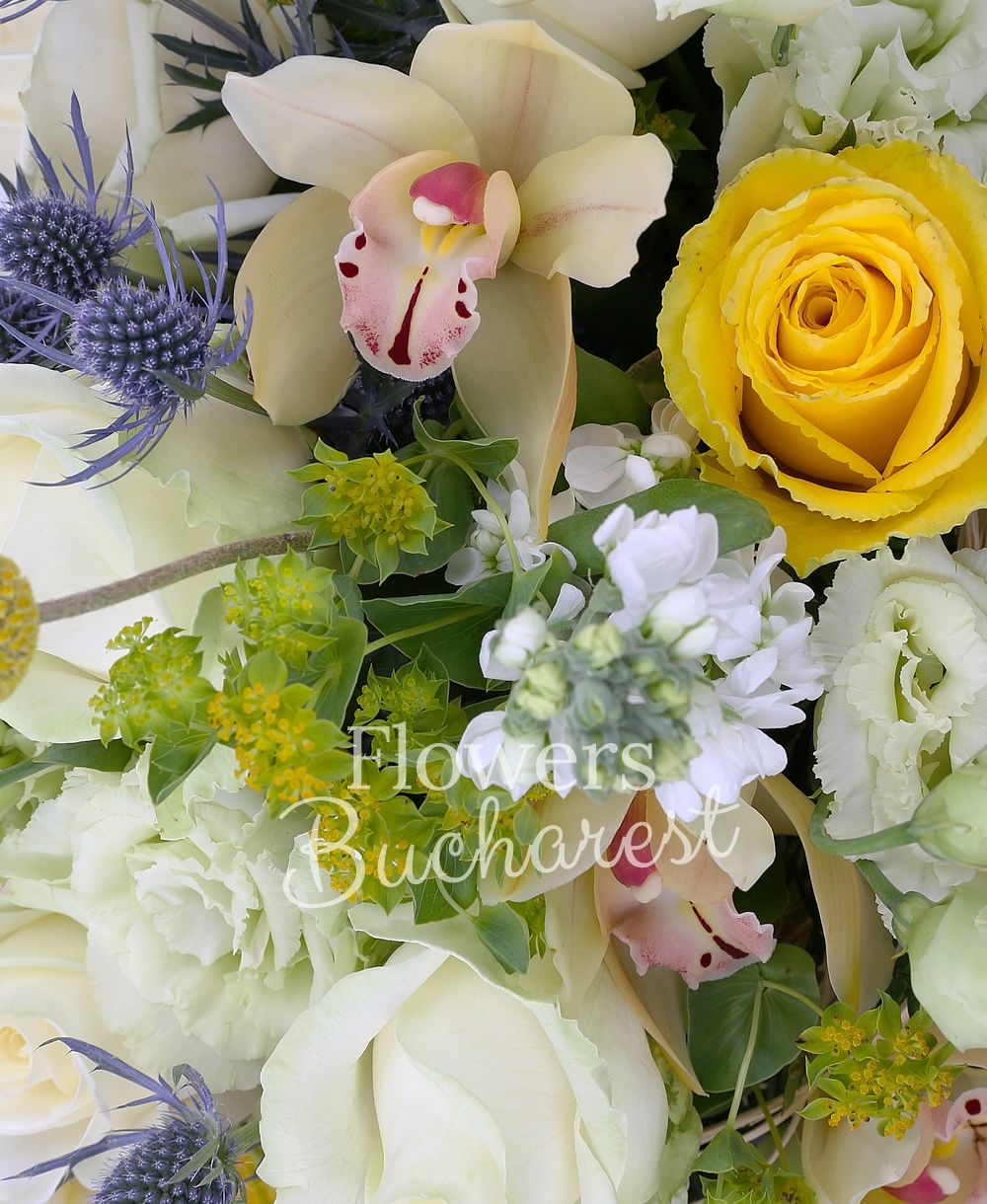 7 white roses, 3 yellow roses, 3 eryngium, 4 white lisianthus, 5 white matthiola, 3 craspedia, yellow cymbidium, greenery