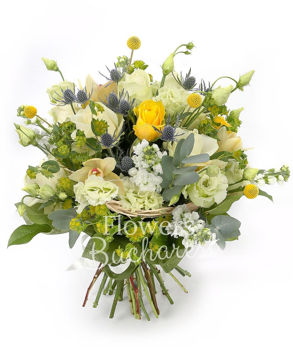 7 white roses, 3 yellow roses, 3 eryngium, 4 white lisianthus, 5 white matthiola, 3 craspedia, yellow cymbidium, greenery