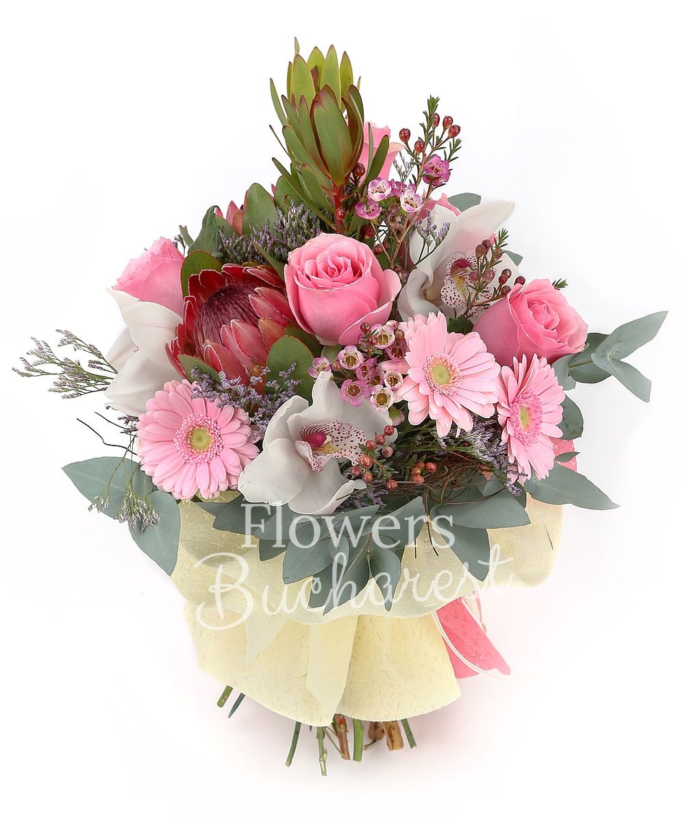 5 pink roses, 2 proteea, 2 leucadendron, 5 pink gerbera, white cymbidium, greenery