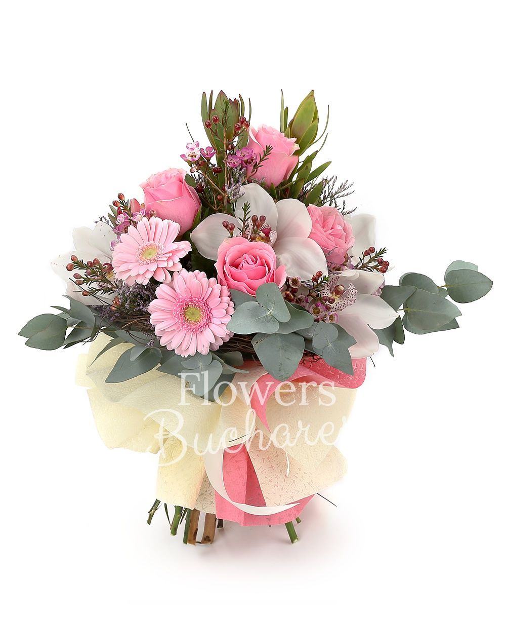 5 pink roses, 2 proteea, 2 leucadendron, 5 pink gerbera, white cymbidium, greenery