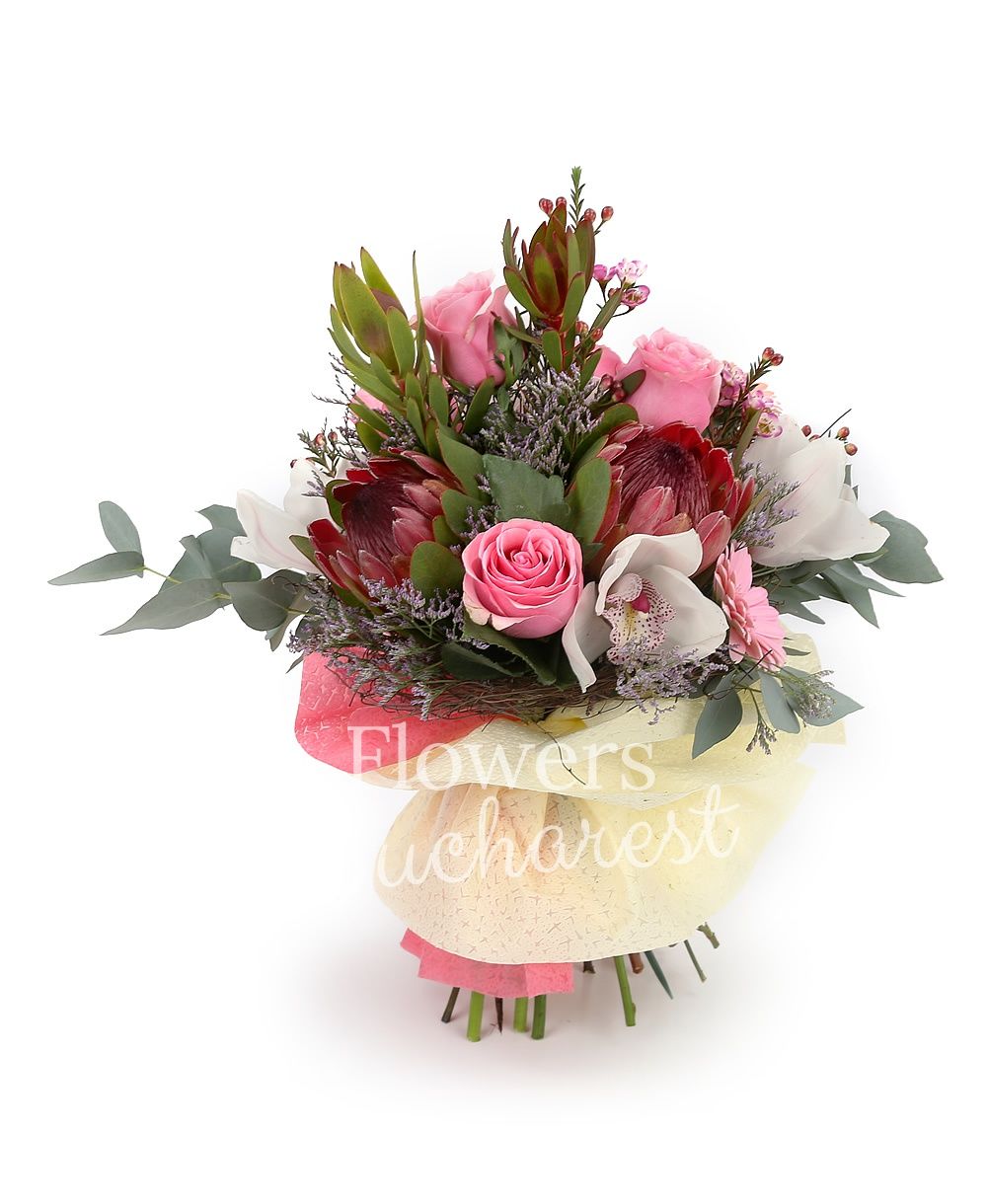 5 pink roses, 2 proteea, 2 leucadendron, 5 pink gerbera, white cymbidium, greenery