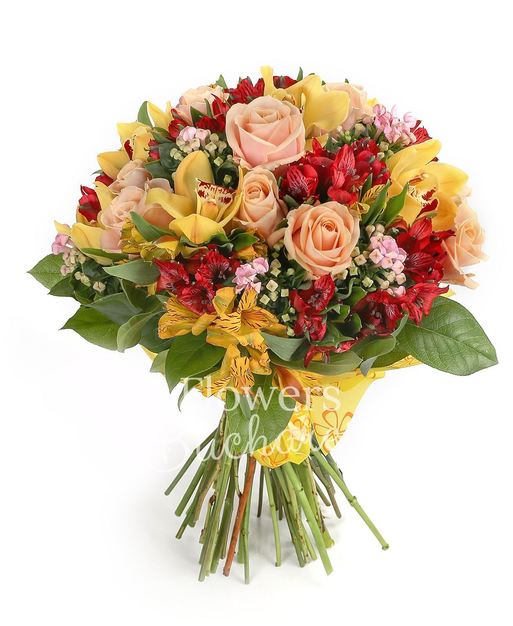 7 cream roses, 6 red alstroemeria, 5 orange alstroemeria, 5 pink bouvardia, green cymbidium, greenery