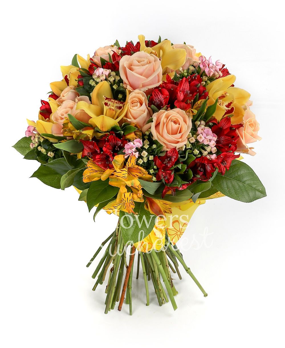 7 cream roses, 6 red alstroemeria, 5 orange alstroemeria, 5 pink bouvardia, green cymbidium, greenery