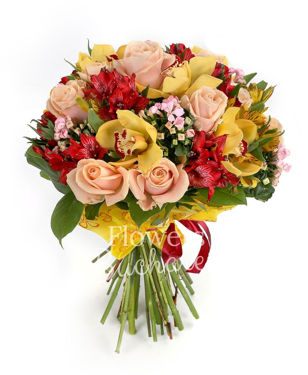 7 cream roses, 6 red alstroemeria, 5 orange alstroemeria, 5 pink bouvardia, green cymbidium, greenery