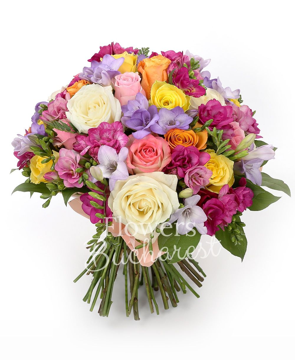 7 white roses, 7 yellow roses, 7 pink roses, 7 orange roses, 15 mauve freesias, 15 cyclam freesias, greenery