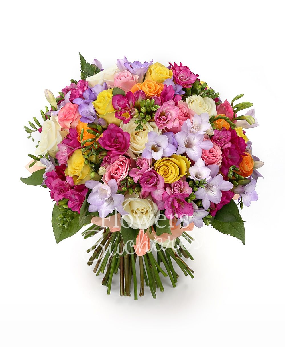 7 white roses, 7 yellow roses, 7 pink roses, 7 orange roses, 15 mauve freesias, 15 cyclam freesias, greenery