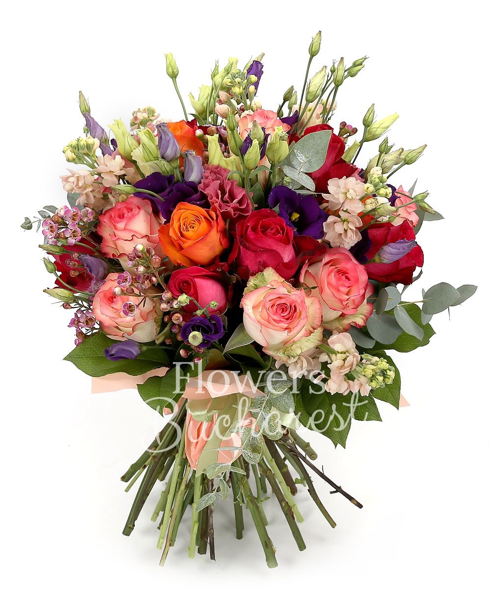 7 red roses, 3 orange roses, 7 pink roses, 7 cream matthiola, 5 mauve lisianthus, 3 pink lisianthus, greenery