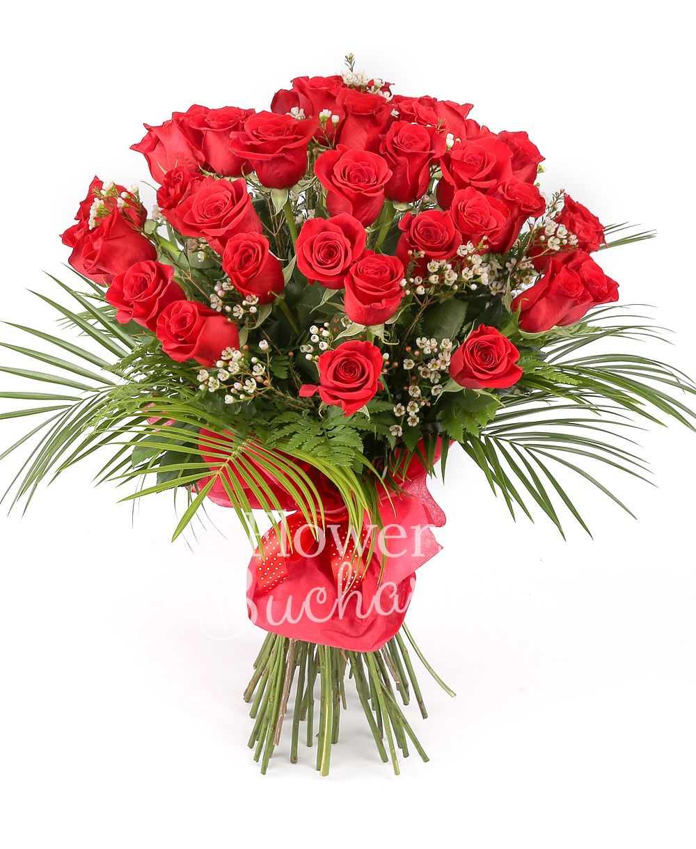 43 red roses, greenery