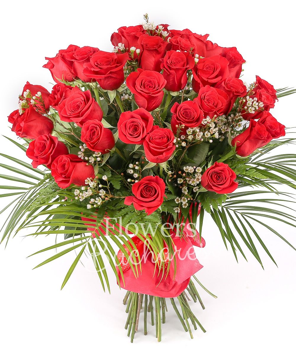 43 red roses, greenery