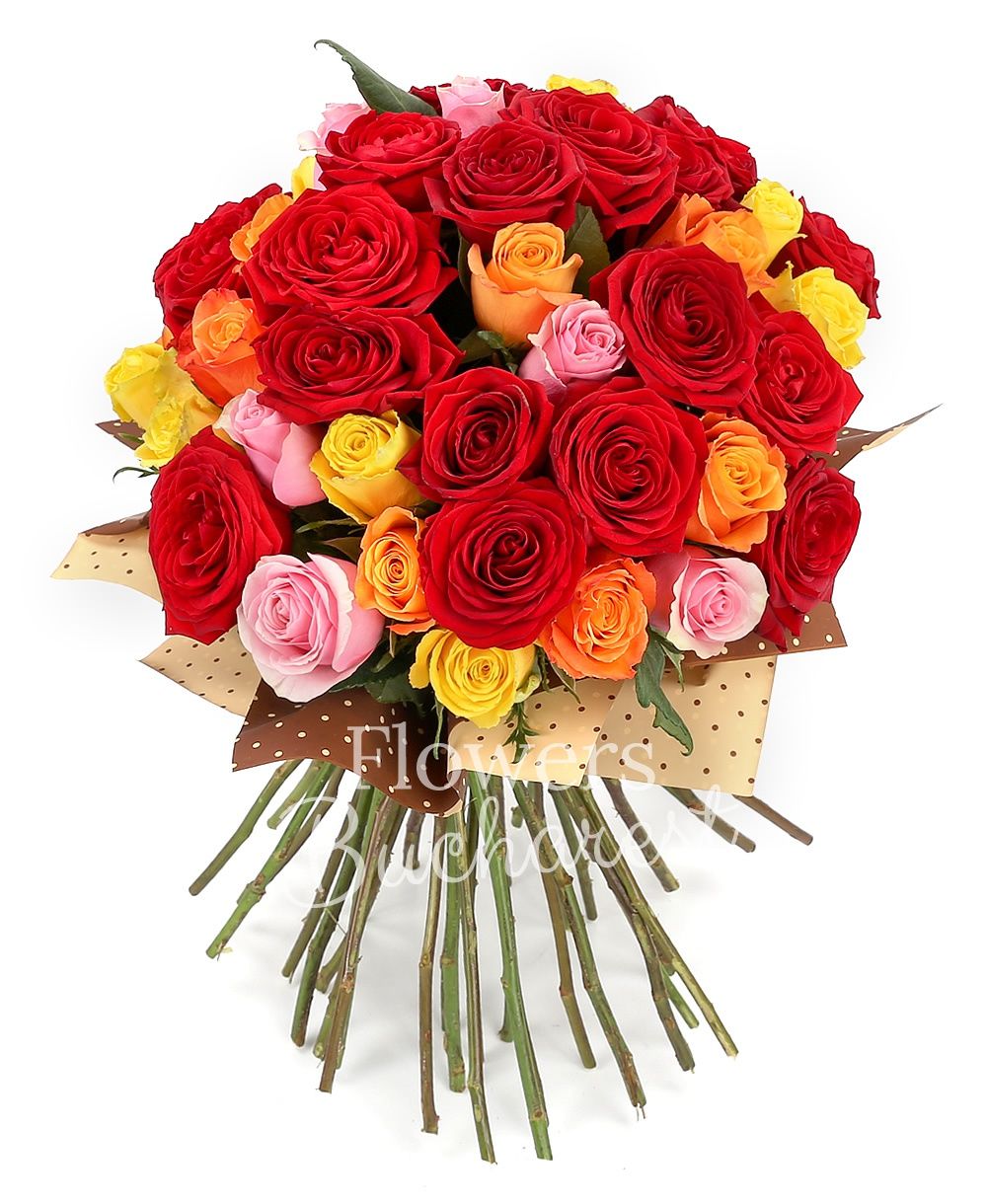 19 red roses, 9 orange roses, 7 yellow roses, 10 pink roses