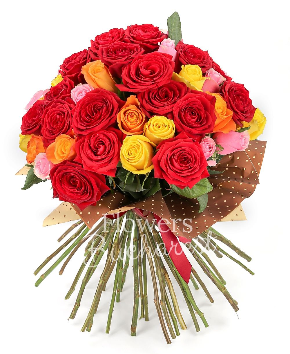 19 red roses, 9 orange roses, 7 yellow roses, 10 pink roses