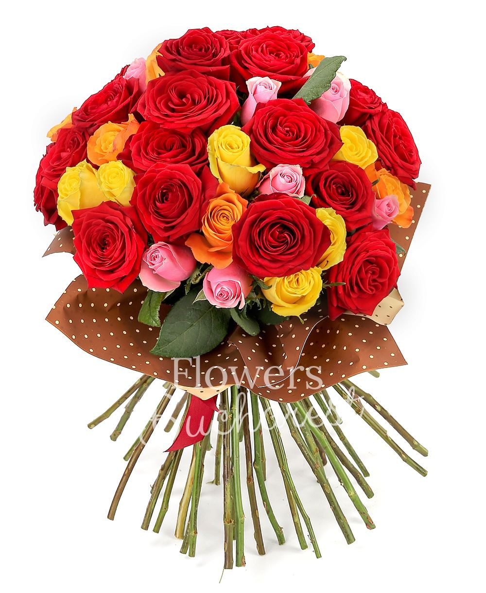 19 red roses, 9 orange roses, 7 yellow roses, 10 pink roses