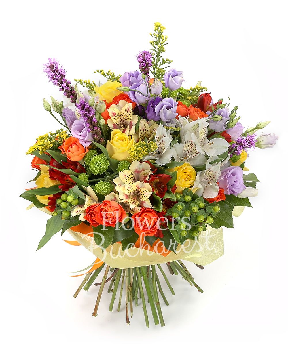 7 yellow roses, 5 orange miniroses, 3 white alstroemeria, 3 yellow alstroemeria, 3 red alstroemeria, 4 mauve lisianthus, 3 liatris, 5 green hypericum, 3 green santini, 3 solidago, greenery