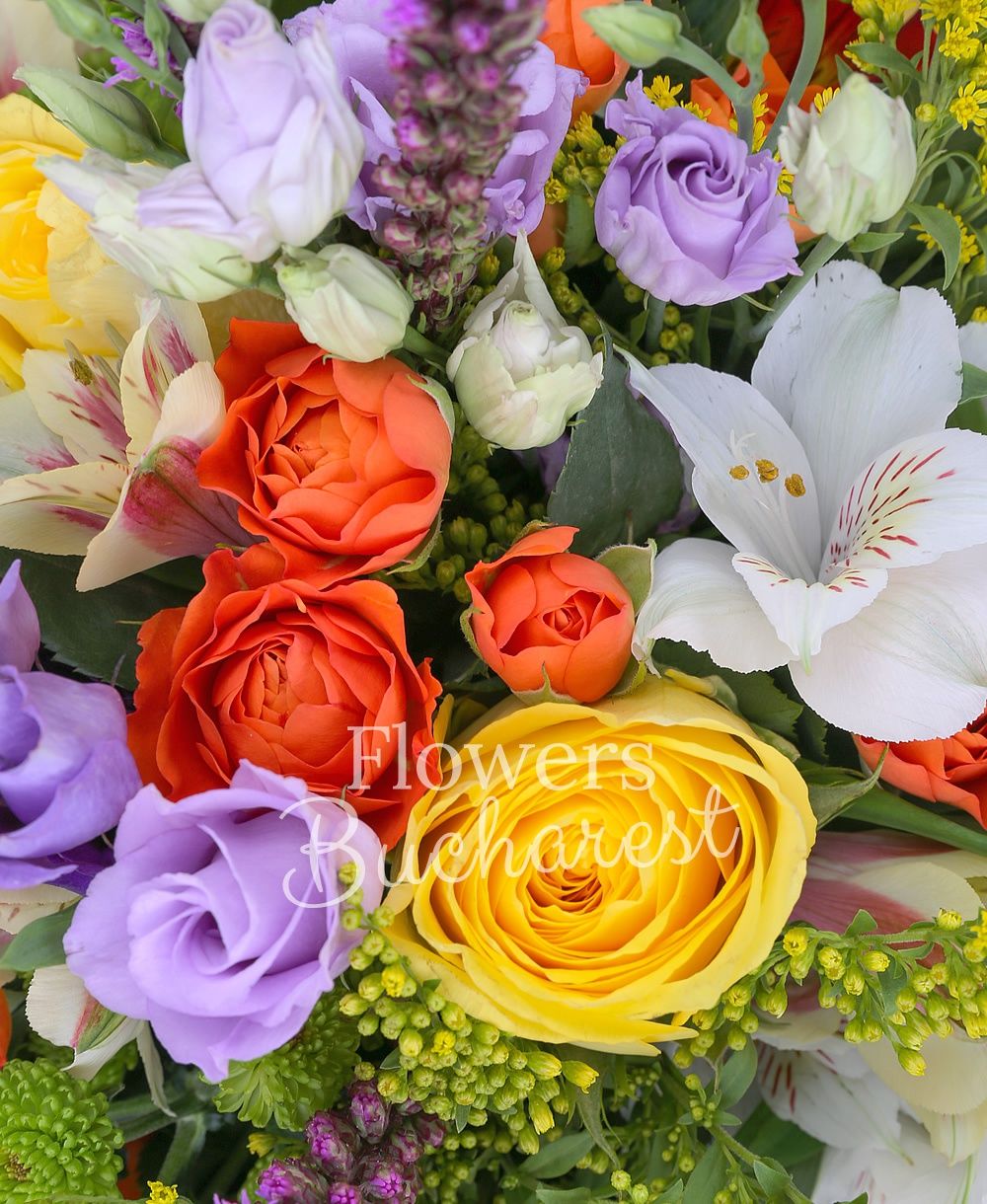 7 yellow roses, 5 orange miniroses, 3 white alstroemeria, 3 yellow alstroemeria, 3 red alstroemeria, 4 mauve lisianthus, 3 liatris, 5 green hypericum, 3 green santini, 3 solidago, greenery