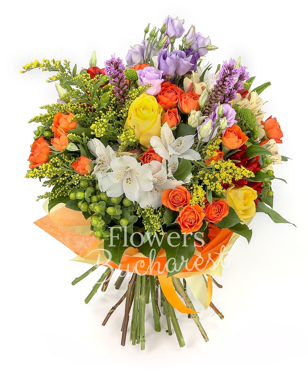 7 yellow roses, 5 orange miniroses, 3 white alstroemeria, 3 yellow alstroemeria, 3 red alstroemeria, 4 mauve lisianthus, 3 liatris, 5 green hypericum, 3 green santini, 3 solidago, greenery