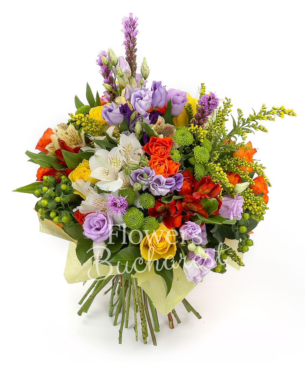 7 yellow roses, 5 orange miniroses, 3 white alstroemeria, 3 yellow alstroemeria, 3 red alstroemeria, 4 mauve lisianthus, 3 liatris, 5 green hypericum, 3 green santini, 3 solidago, greenery