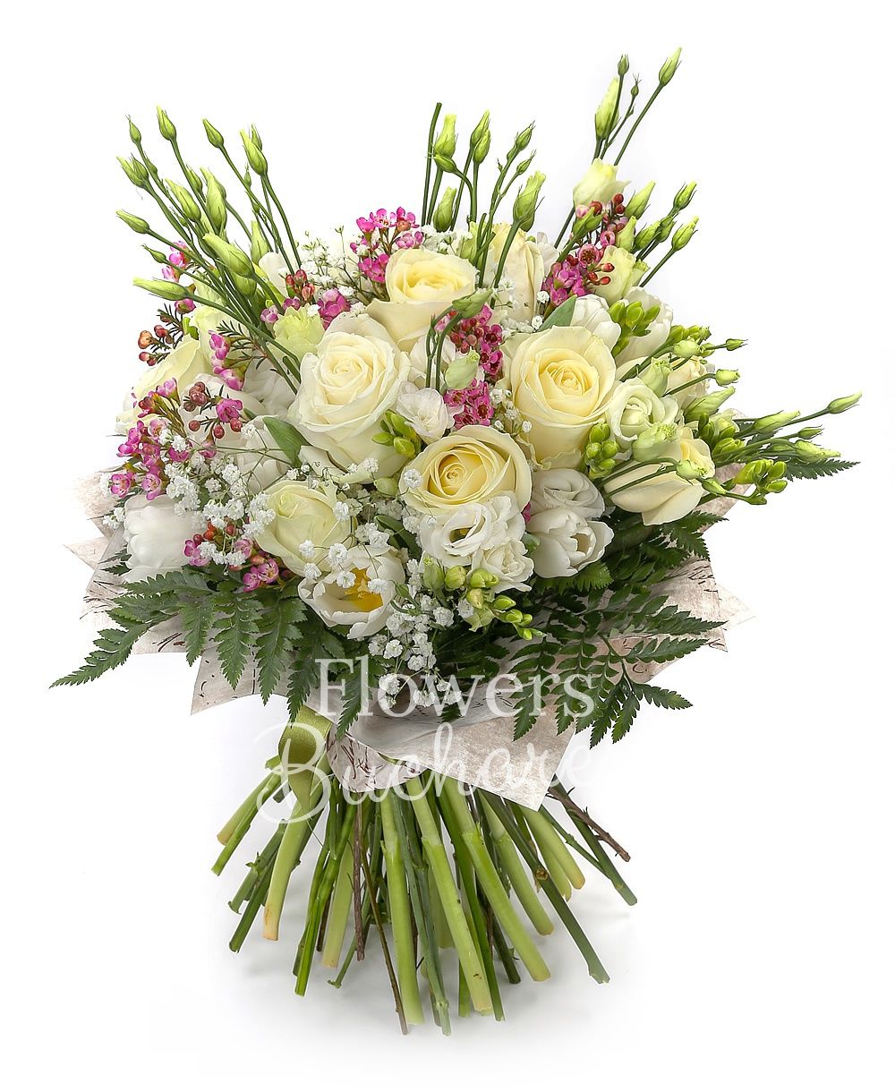 10 white roses, 10 white tulips, 7 white lisianthus, 10 white freesias, greenery