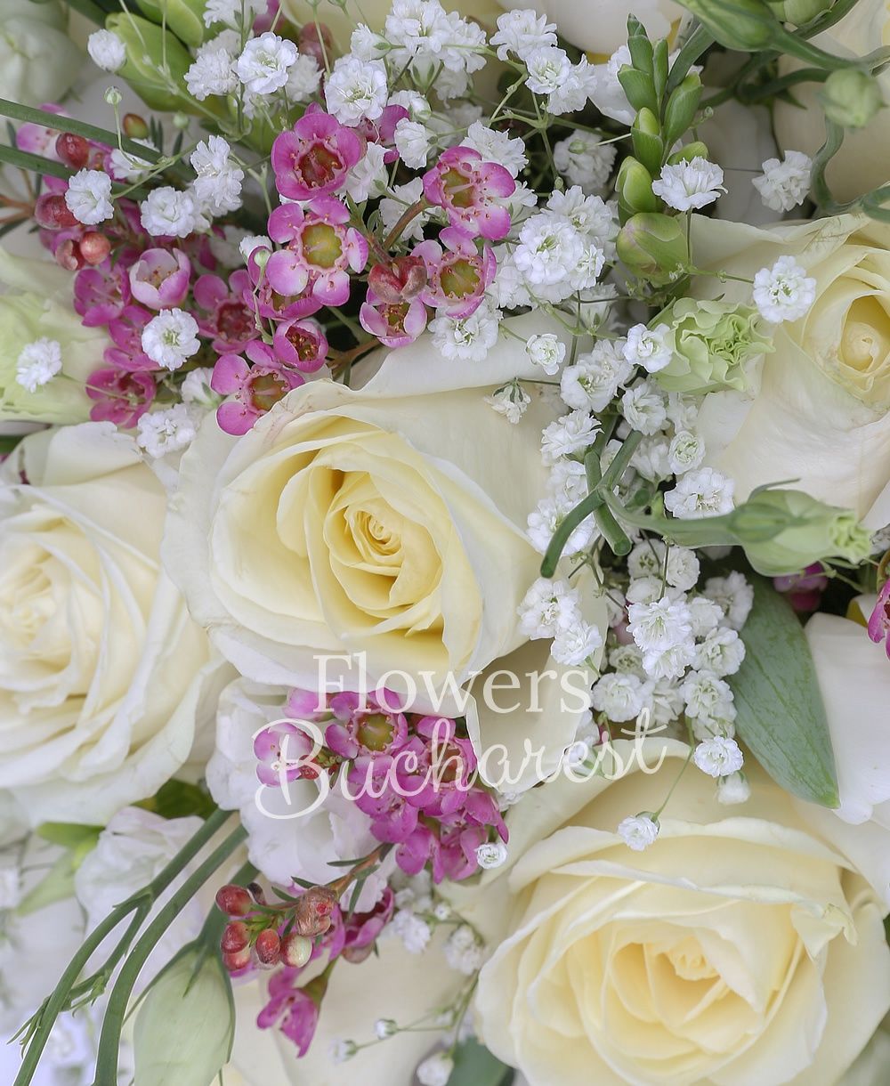 10 white roses, 10 white tulips, 7 white lisianthus, 10 white freesias, greenery