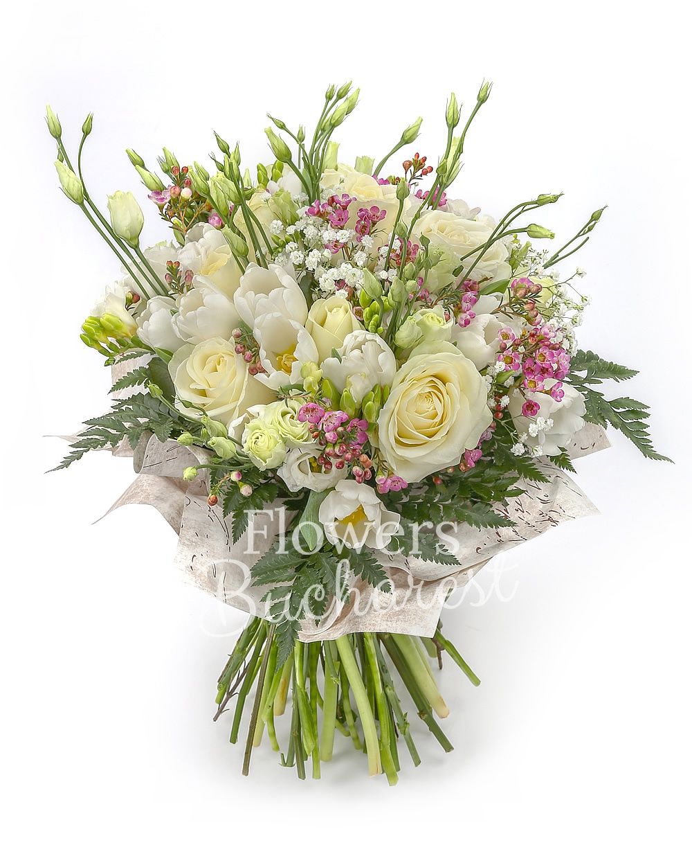 10 white roses, 10 white tulips, 7 white lisianthus, 10 white freesias, greenery