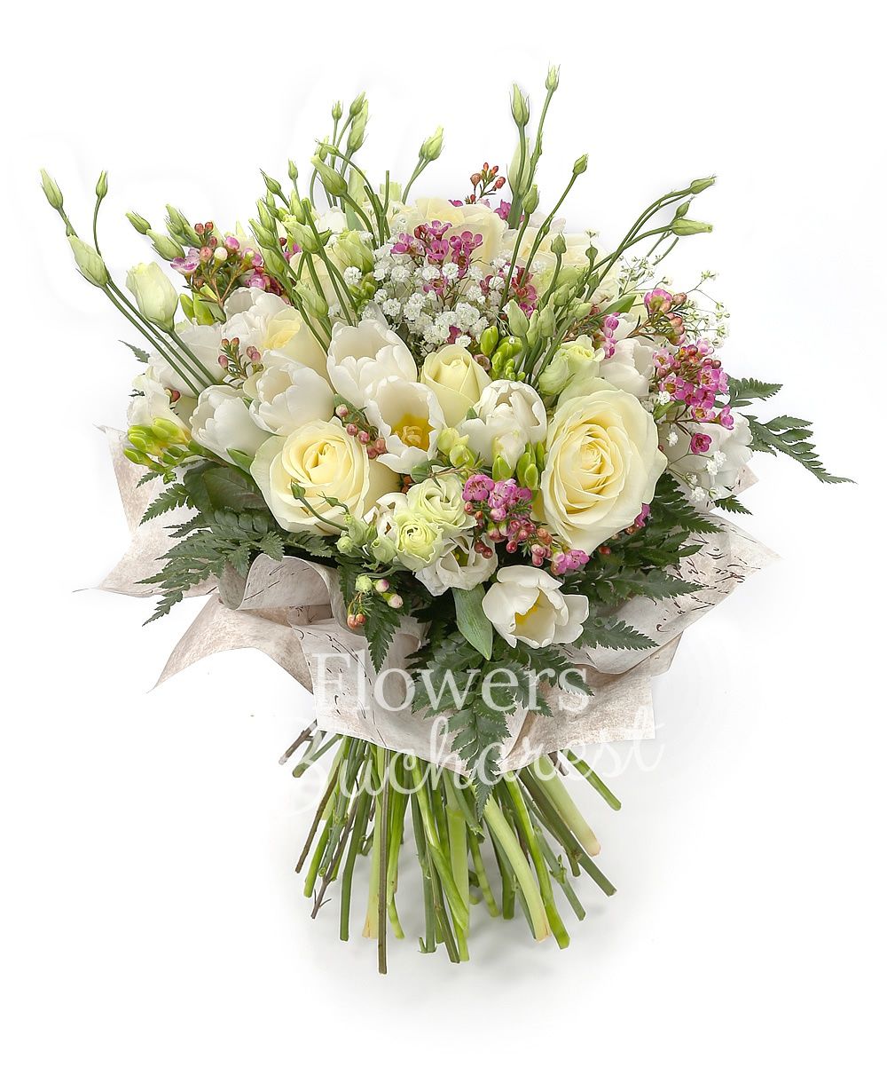 10 white roses, 10 white tulips, 7 white lisianthus, 10 white freesias, greenery