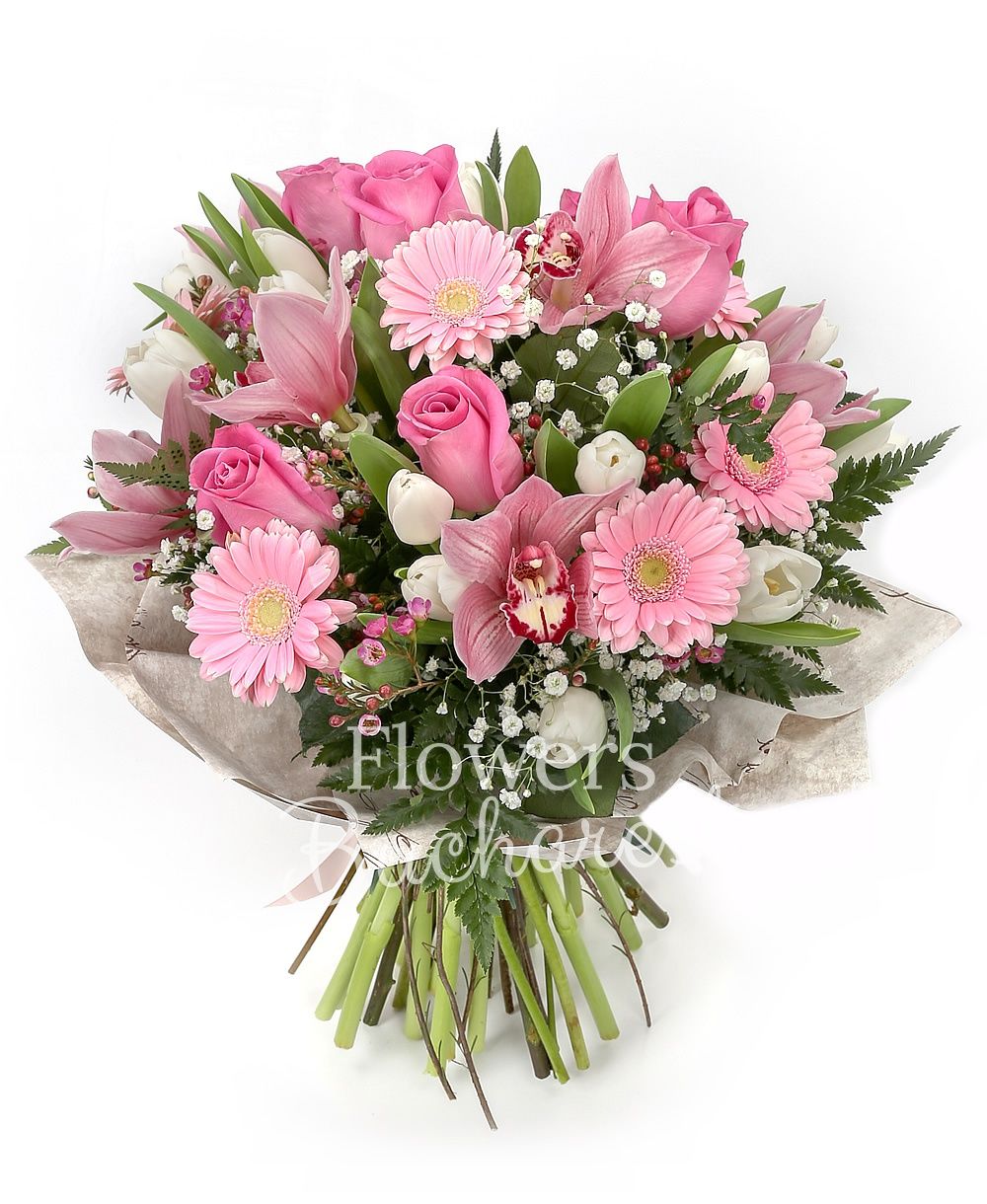 5 pink roses, 15 white tulups, 7 pink gerbera, pink cymbidium, greenery