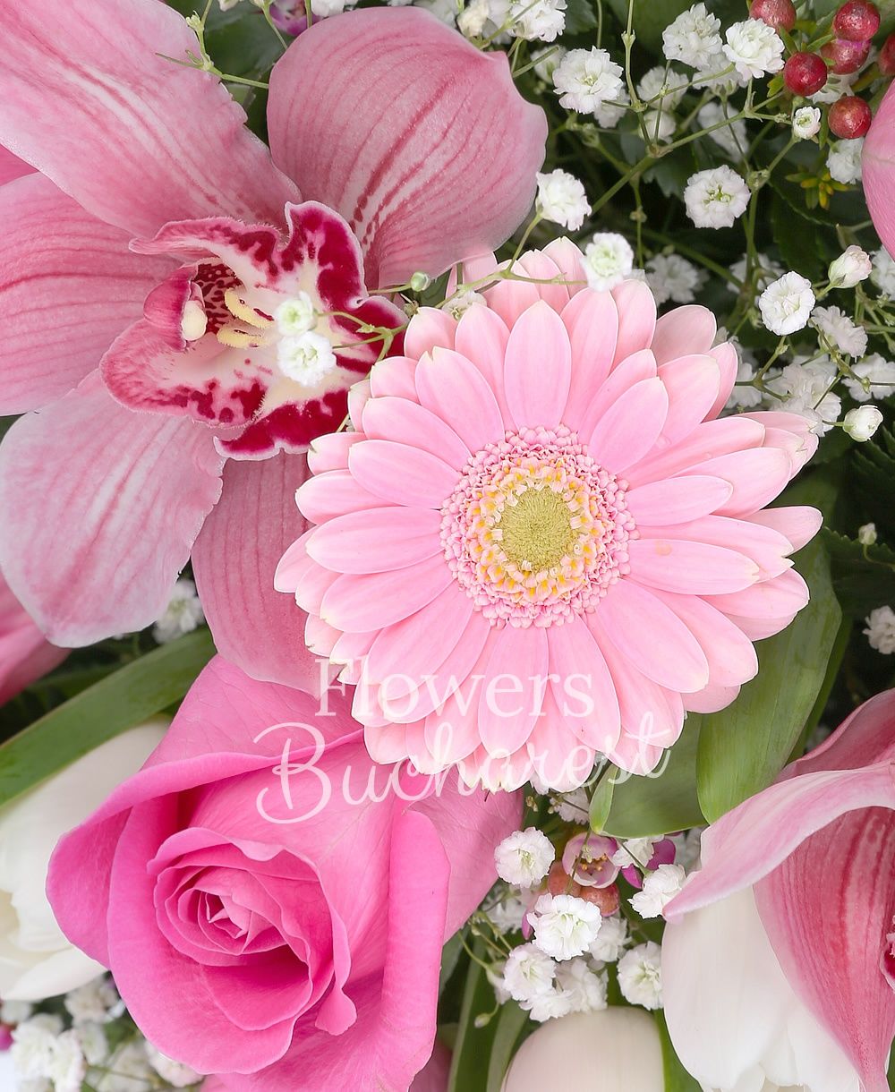 5 pink roses, 15 white tulups, 7 pink gerbera, pink cymbidium, greenery