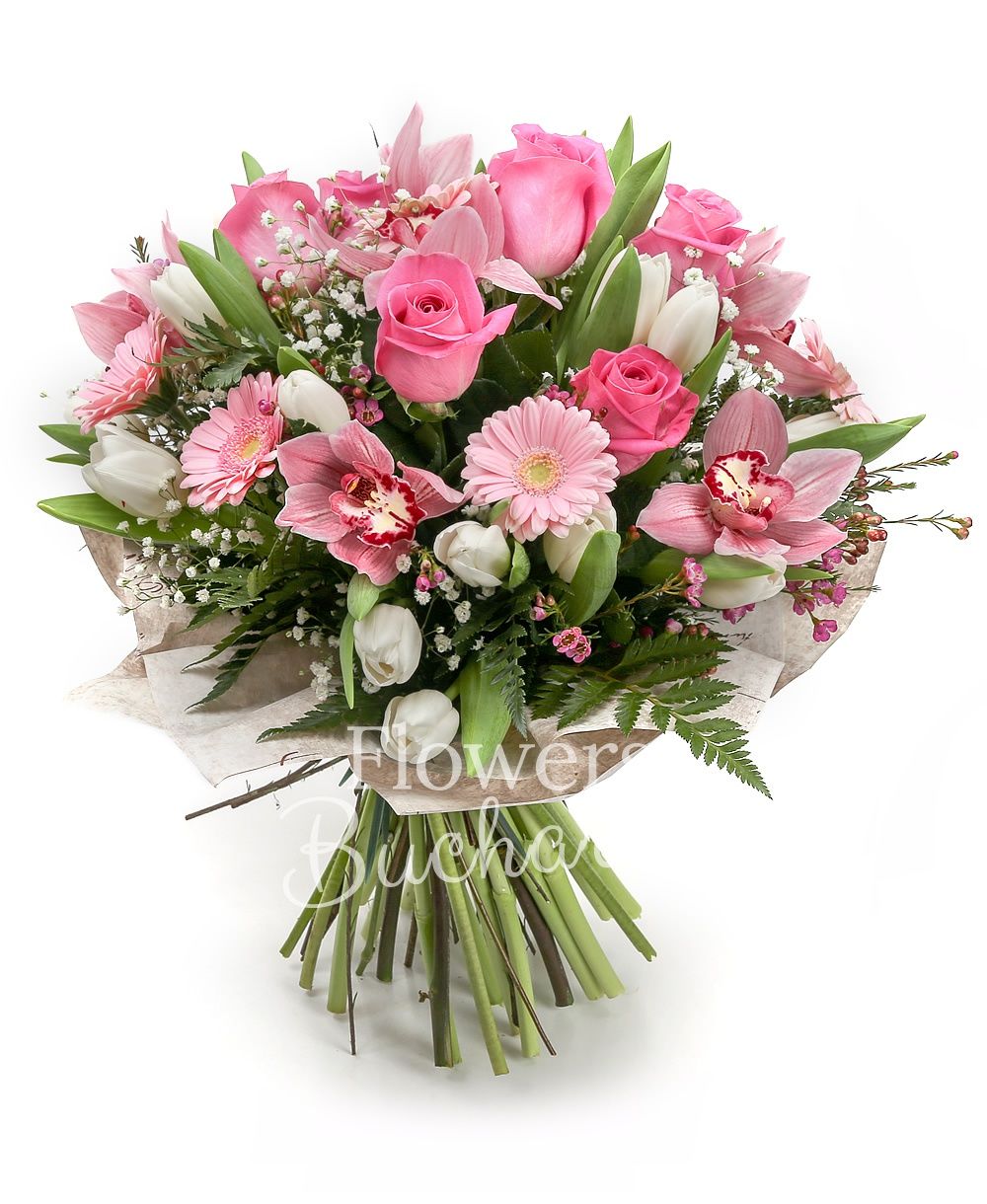 5 pink roses, 15 white tulups, 7 pink gerbera, pink cymbidium, greenery