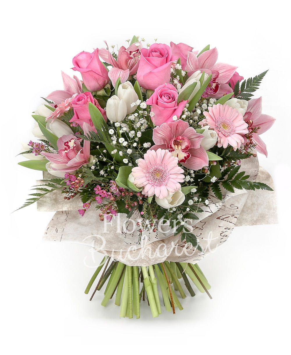 5 pink roses, 15 white tulups, 7 pink gerbera, pink cymbidium, greenery
