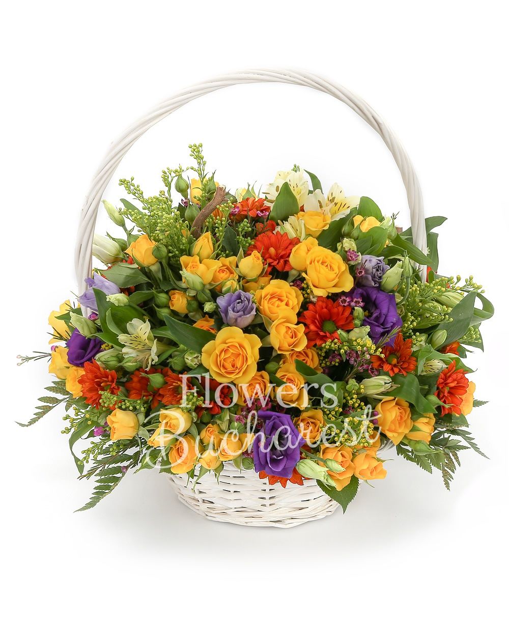 7 yellow miniroses, 5 white alstroemeria, 4 orange chrysanthemums, 5 mauve lisianthus, 4 solidago, greenery