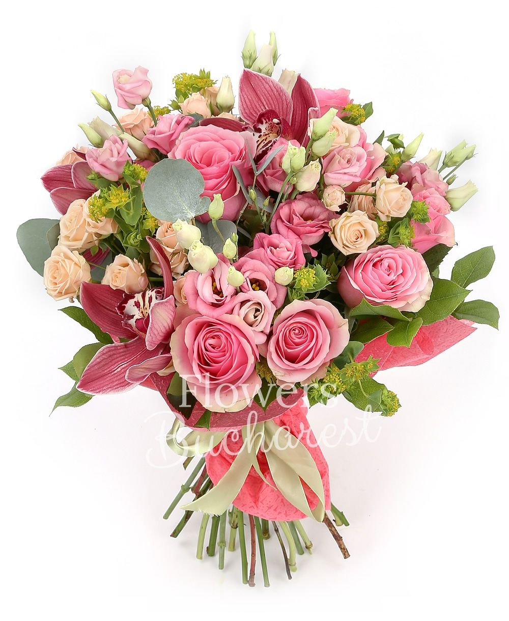 7 pink roses, 3 cream miniroses, 5 pink lisianthus, garnet cymbidium, greenery