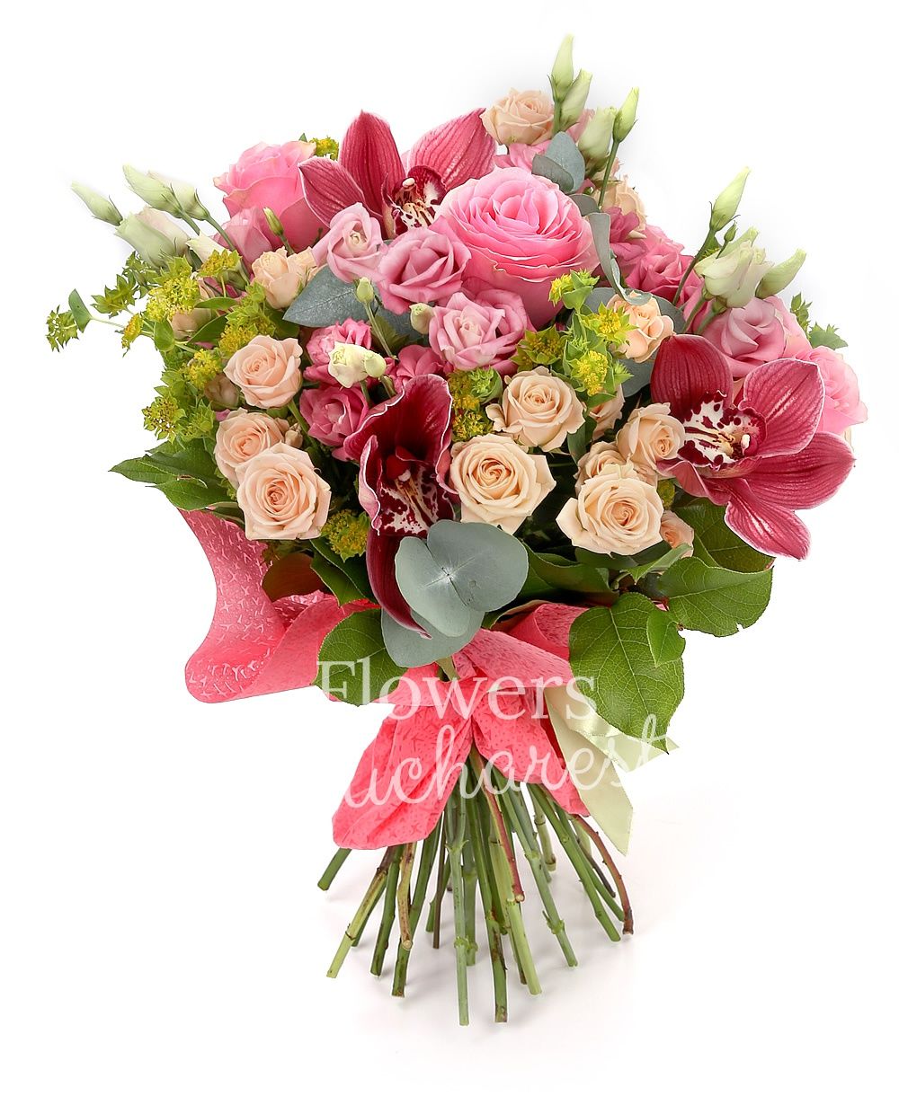 7 pink roses, 3 cream miniroses, 5 pink lisianthus, garnet cymbidium, greenery