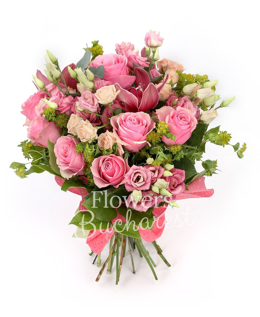 7 pink roses, 3 cream miniroses, 5 pink lisianthus, garnet cymbidium, greenery