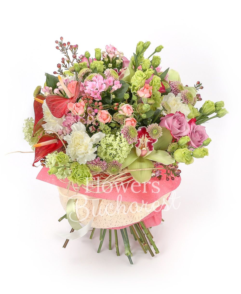 7 pink roses, 5 green lisianthus, 3 pink miniroses, 3 red anthurium, 5 white carnations, 5 pink santini, 3 pink bouvardia, green cymbidium, greenery